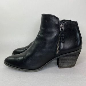 Frye "Judith" Leather Double Zip Heeled Ankle Booties, Black, Women's size 9